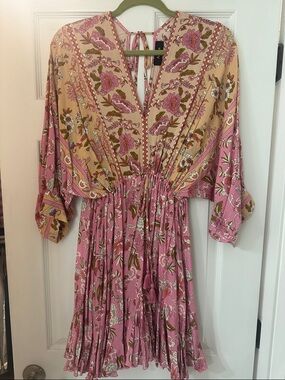 Aakaa Pink and Tan Floral Boho Mini Dress